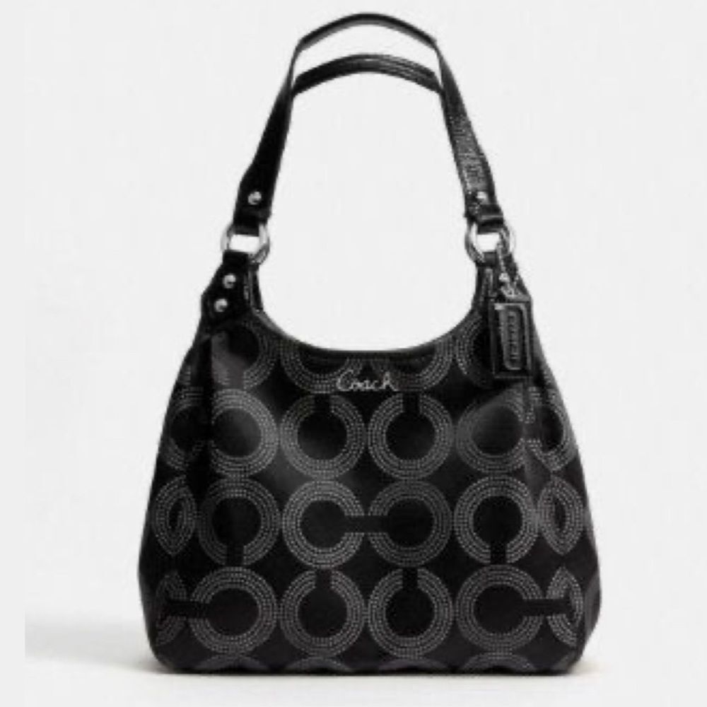 Coach Ashley Triple Compartment Dotted OP Art Hobo Tote Handbag Bag Black F21920 - Picture 2 of 16